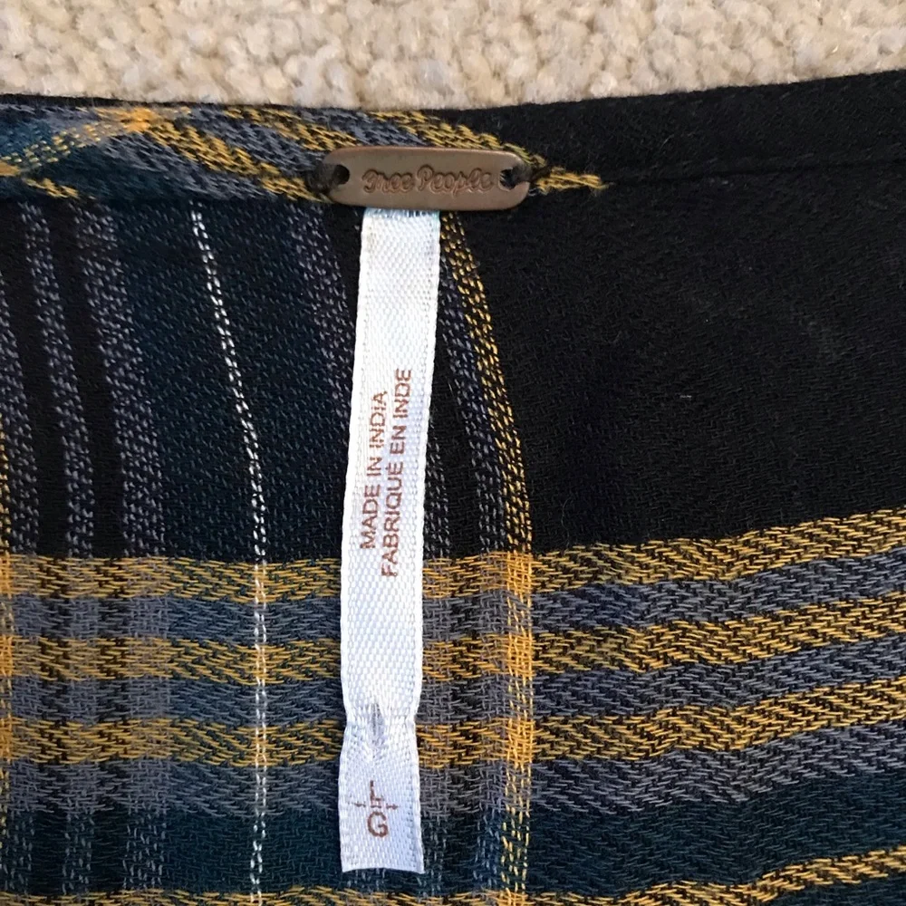 Free People Plaid Crop Top Size L Black Blue Tan Boho Prairie Country Girl Fall